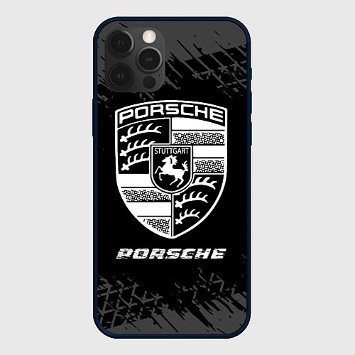 Чехол iPhone 12 Pro Porsche speed на темном фоне со следами шин / 3D-Черный – фото 1