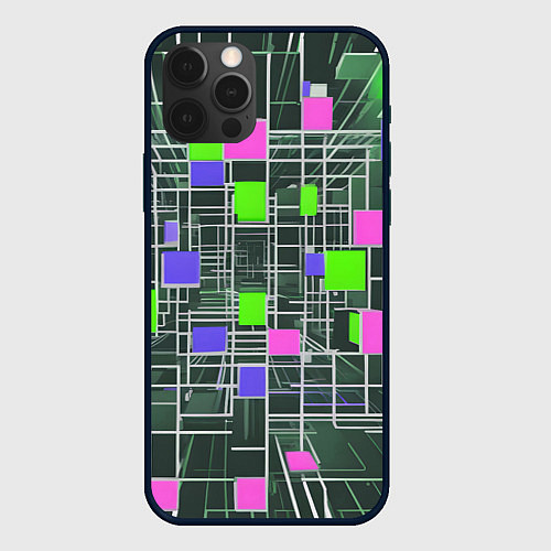 Чехол iPhone 12 Pro Белые полосы и разноцветные квадраты / 3D-Черный – фото 1