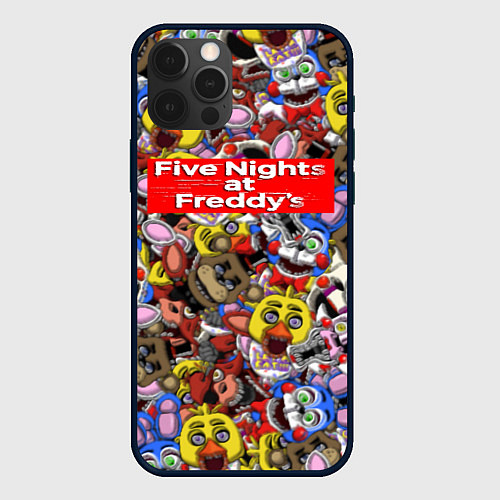 Чехол iPhone 12 Pro Five Nights at Freddys все персонажы хоррора / 3D-Черный – фото 1