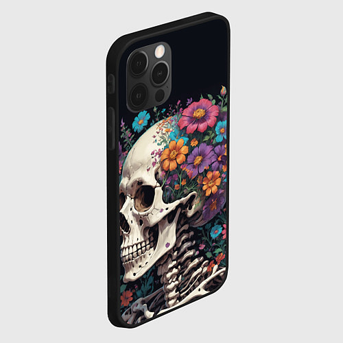 Чехол iPhone 12 Pro Скелет среди цветов / 3D-Черный – фото 2