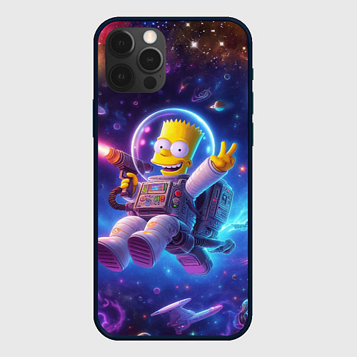 Чехол iPhone 12 Pro Барт Симпсон с лазерным пистолетом в космосе / 3D-Черный – фото 1