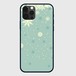 Чехол iPhone 12 Pro Снежинки и звезды на матно зеленем