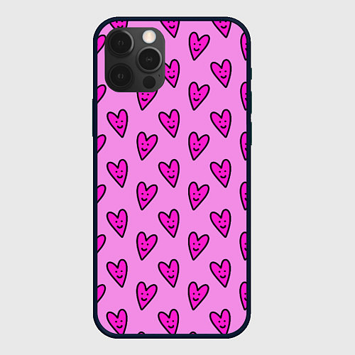 Чехол iPhone 12 Pro Розовые сердечки каракули / 3D-Черный – фото 1