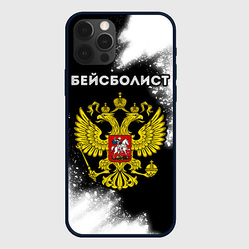 Чехол iPhone 12 Pro Бейсболист из России и герб РФ / 3D-Черный – фото 1