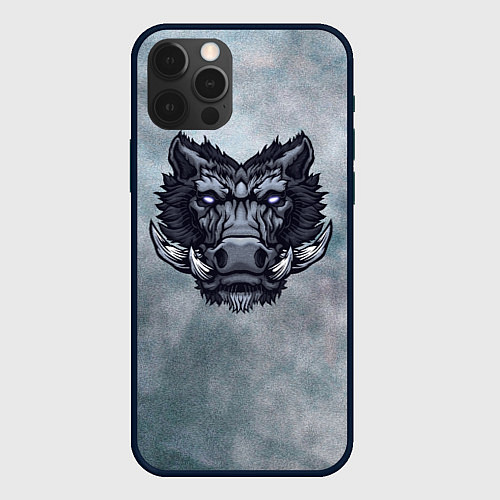 Чехол iPhone 12 Pro Стальной дикий кабан на сером фоне / 3D-Черный – фото 1