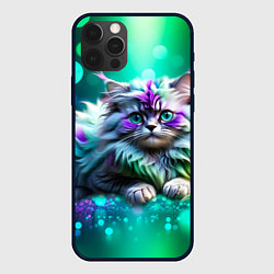 Чехол для iPhone 12 Pro Пушистый котенок в бирюзово фиолетовом боке, цвет: 3D-черный