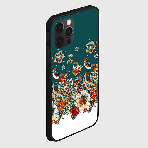 Чехол iPhone 12 Pro Индийский орнамент с птицами / 3D-Черный – фото 2