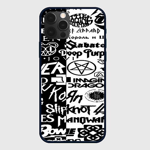 Чехол iPhone 12 Pro Логотипы лучших групп черно белый / 3D-Черный – фото 1