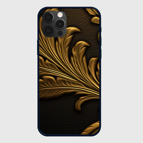 Чехол iPhone 12 Pro Золотые узоры листья объемные / 3D-Черный – фото 1