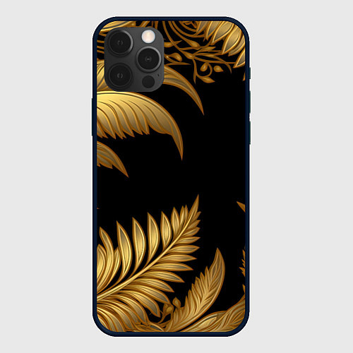 Чехол iPhone 12 Pro Золотые объемные листья узоры / 3D-Черный – фото 1