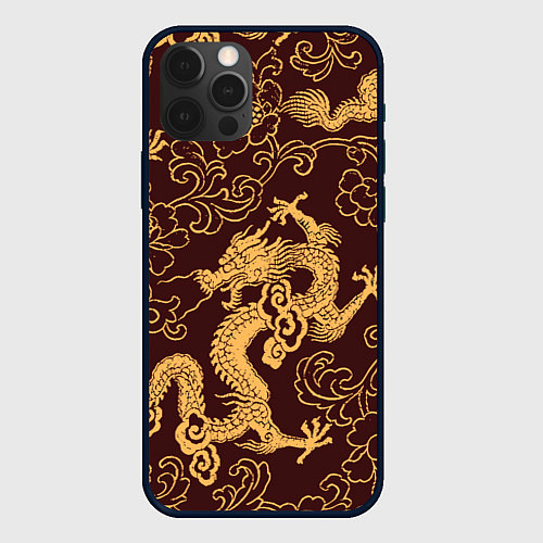 Чехол iPhone 12 Pro Черно-золотая гравюра дракона / 3D-Черный – фото 1