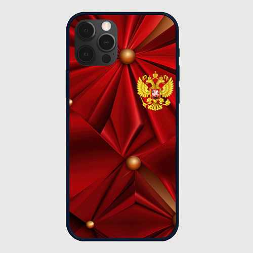 Чехол iPhone 12 Pro Золотой герб России на красной абстракции / 3D-Черный – фото 1