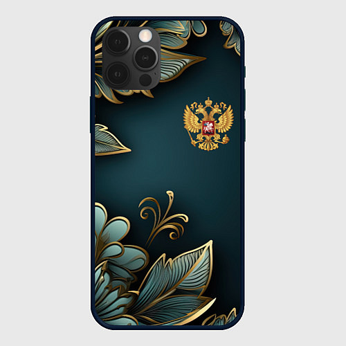 Чехол iPhone 12 Pro Золотые листья и герб России / 3D-Черный – фото 1