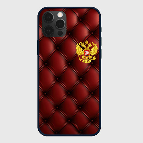 Чехол iPhone 12 Pro Золотой герб России на красном кожаном фоне / 3D-Черный – фото 1