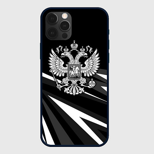 Чехол iPhone 12 Pro Герб РФ - white and black geometry / 3D-Черный – фото 1