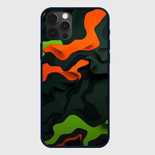 Чехол iPhone 12 Pro Зеленые и оранжевые кляксы / 3D-Черный – фото 1