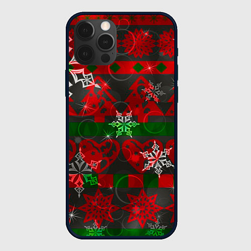 Чехол iPhone 12 Pro Рождественские узоры ёлки и снежинки / 3D-Черный – фото 1