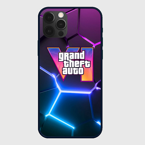 Чехол iPhone 12 Pro GTA 6 лого на фоне разлома фиолетовых и синих плит / 3D-Черный – фото 1