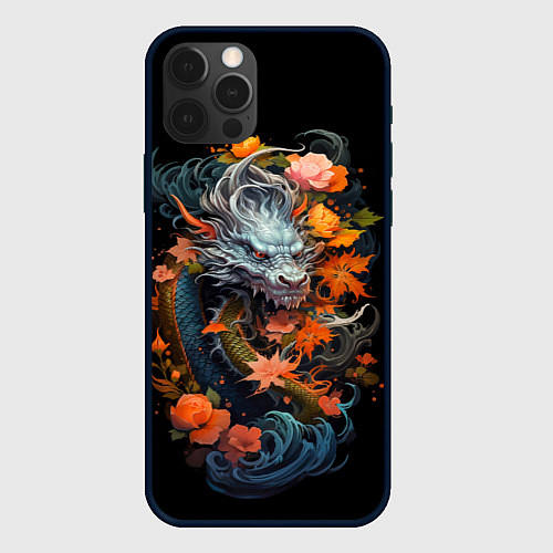 Чехол iPhone 12 Pro Китайский дракон с цветами и волнами / 3D-Черный – фото 1