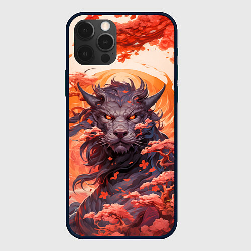 Чехол iPhone 12 Pro Тигровый дракон сакура / 3D-Черный – фото 1
