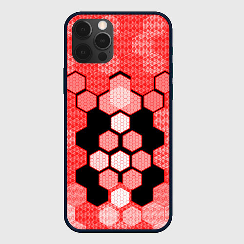 Чехол iPhone 12 Pro Красная кибер броня hexagons / 3D-Черный – фото 1
