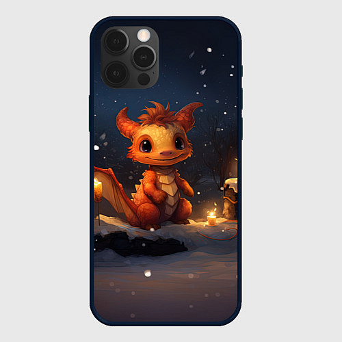 Чехол iPhone 12 Pro Маленький дракон и снег / 3D-Черный – фото 1