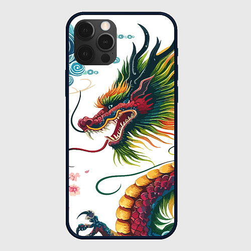 Чехол iPhone 12 Pro Japanese dragon - engraving art / 3D-Черный – фото 1