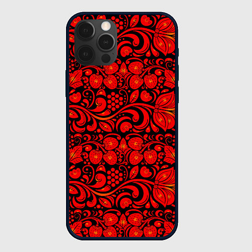 Чехол iPhone 12 Pro Хохломская роспись красные цветы и ягоды на чёрном / 3D-Черный – фото 1