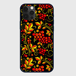 Чехол iPhone 12 Pro Хохломская роспись золотистые листья чёрном фоне