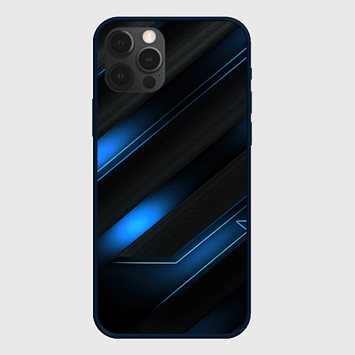 Чехол iPhone 12 Pro Синий неоновый яркий свет на черном абстрактном фо / 3D-Черный – фото 1