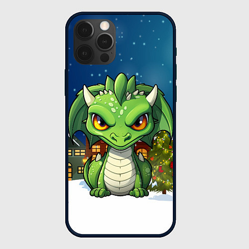 Чехол iPhone 12 Pro Зеленый дракон на фоне города / 3D-Черный – фото 1