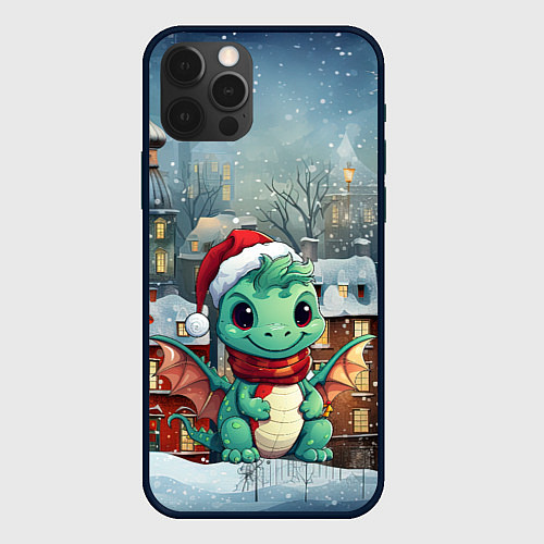 Чехол iPhone 12 Pro Милый маленький дракон новогодний на фоне домов / 3D-Черный – фото 1