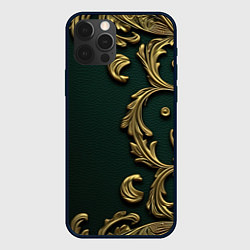 Чехол для iPhone 12 Pro Лепнина золотые узоры на зеленой ткани, цвет: 3D-черный