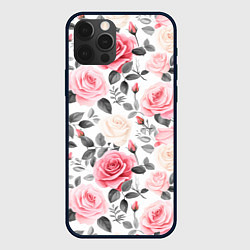 Чехол для iPhone 12 Pro Розовые розы и серые листочки - паттерн, цвет: 3D-черный