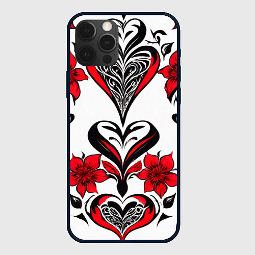 Чехол iPhone 12 Pro Красный узор сердце / 3D-Черный – фото 1