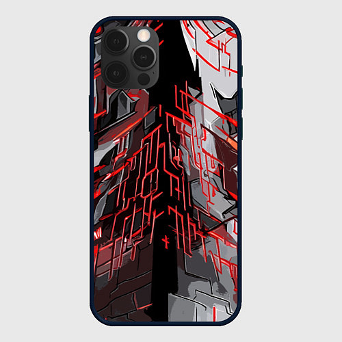 Чехол iPhone 12 Pro Металл и красные линии / 3D-Черный – фото 1