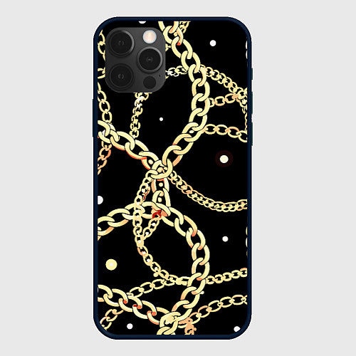 Чехол iPhone 12 Pro Золотые цепи на черном - ювелирные украшения патте / 3D-Черный – фото 1