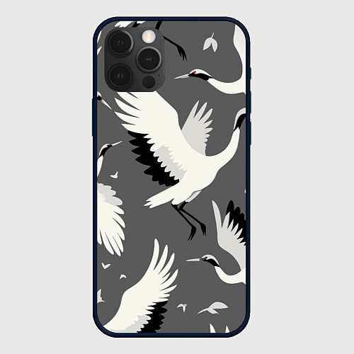 Чехол iPhone 12 Pro Стая белых журавлей в небе - японский орнамент / 3D-Черный – фото 1