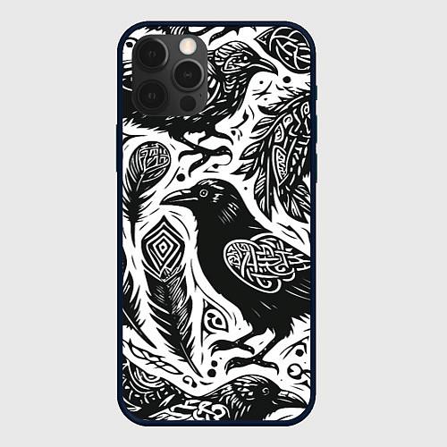 Чехол iPhone 12 Pro Черные вороны руны паттерн / 3D-Черный – фото 1