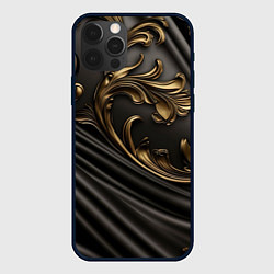 Чехол iPhone 12 Pro Объемные золотые узоры на черной ткани лепнина