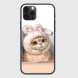 Чехол iPhone 12 Pro Милый кот-мем в шапке с ушками - бежевый градиент
