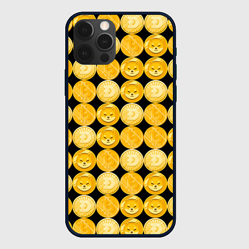 Чехол iPhone 12 Pro Золотые монеты Биткоин, Доджкоин, Шиба ину паттерн / 3D-Черный – фото 1