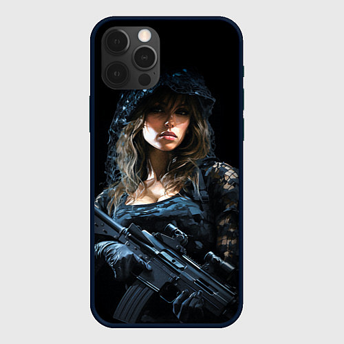Чехол iPhone 12 Pro Брюнетка снайпер в черном камуфляже / 3D-Черный – фото 1