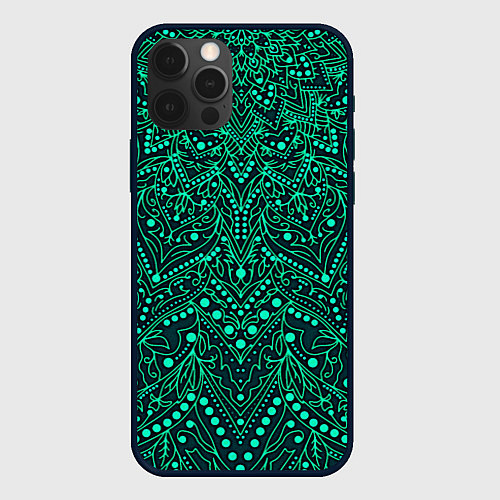 Чехол iPhone 12 Pro Узоры мандала зелёный / 3D-Черный – фото 1