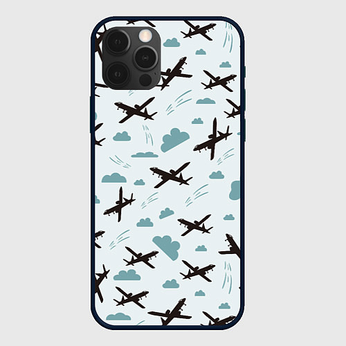 Чехол iPhone 12 Pro Самолет в облаках паттерн / 3D-Черный – фото 1