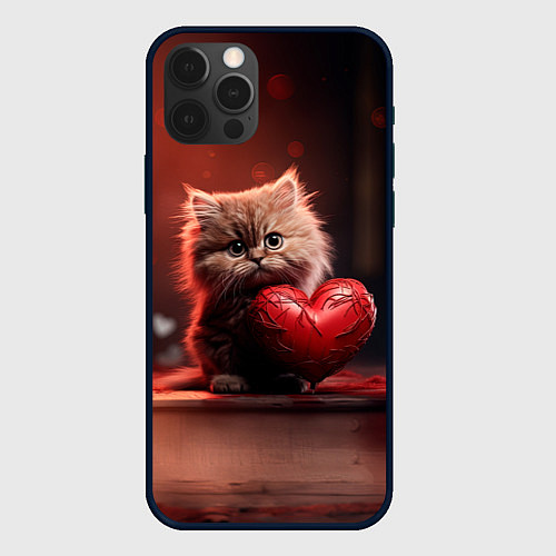 Чехол iPhone 12 Pro Пушистая кошечка с сердечком 14 февраля / 3D-Черный – фото 1