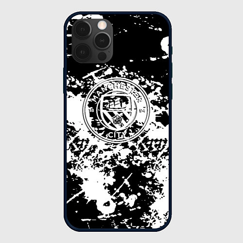 Чехол iPhone 12 Pro Manchester City краски чёрно белые / 3D-Черный – фото 1