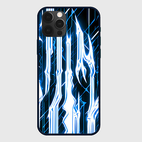 Чехол iPhone 12 Pro Синие неоновые полосы на чёрном фоне / 3D-Черный – фото 1