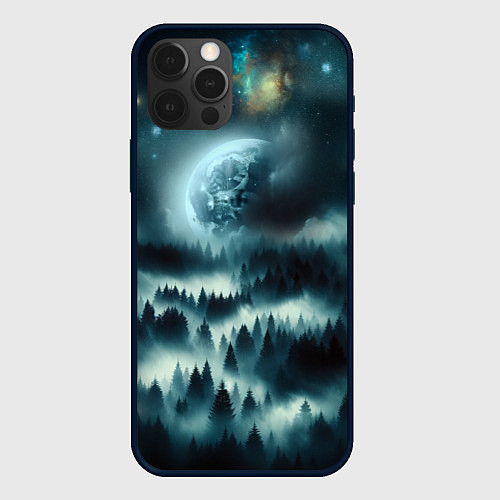 Чехол iPhone 12 Pro Луна и туман в лесу / 3D-Черный – фото 1