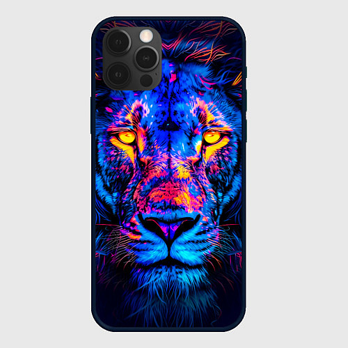 Чехол iPhone 12 Pro Синий светящийся лев / 3D-Черный – фото 1